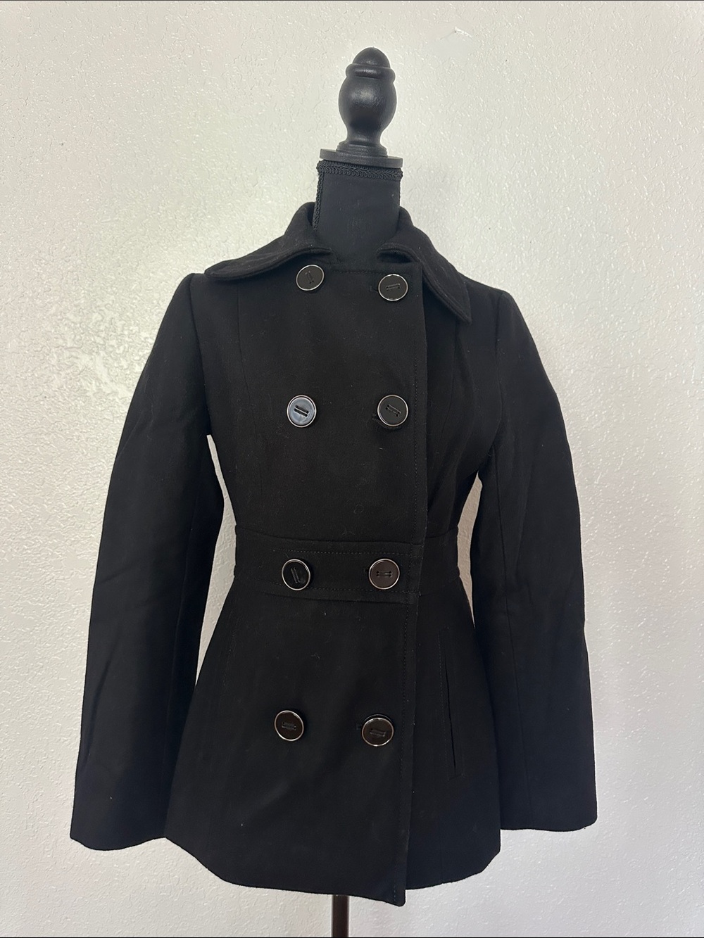 Kenneth Cole Reaction Black Double-Breasted Peacoat with Defined Waistline